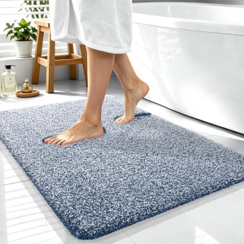 OLANLY Microfiber Bathroom Rugs 40x32, Quick Dry Bath Mat, Navy and White