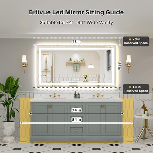 68x36 Inch LED Bathroom Mirror with Gold Frame, Backlit & Front Lit