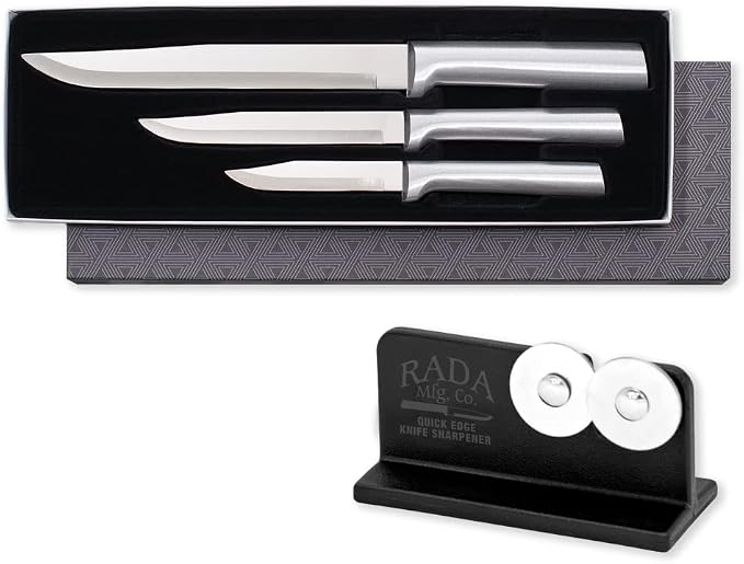 Rada Cutlery Housewarming Gift Set (S02) 3-Piece Knife Set with Quick Edge Sharpener (R119), Stainless Steel Blades, Silver Handle