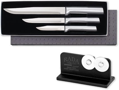 Rada Cutlery Housewarming Gift Set (S02) 3-Piece Knife Set with Quick Edge Sharpener (R119), Stainless Steel Blades, Silver Handle