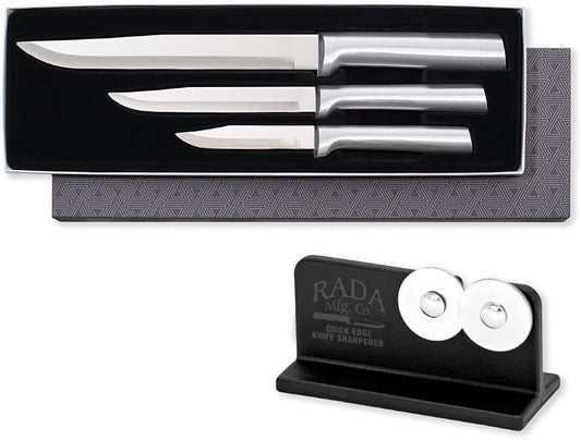 Rada Cutlery Housewarming Gift Set (S02) 3-Piece Knife Set with Quick Edge Sharpener (R119), Stainless Steel Blades, Silver Handle