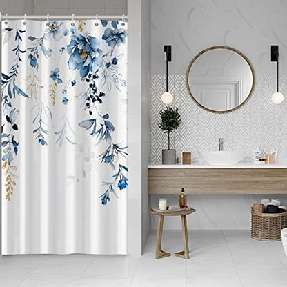 AWERT Blue Plants Shower Curtain with Hooks Watercolor Leaves Shower Curtain for Bathroom Waterproof Bathroom Accessories Bathtub Decor 36x72inch