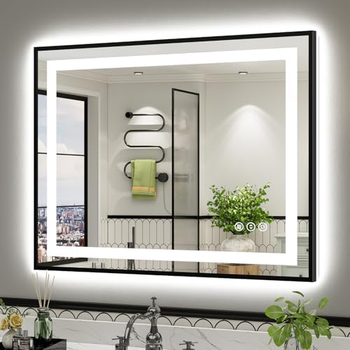 Briivue 40x32 Inch LED Bathroom Mirror with Gold Frame, Backlit & Front Lit