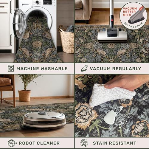 7x10 Green Washable Kitchen Table Rug for Under Table - Dark Floral Rugs for Bedroom, Dining Room, Vintage Brown Bird Patterned Living Room Carpet, Non-Slip Stain & Fade Resistant