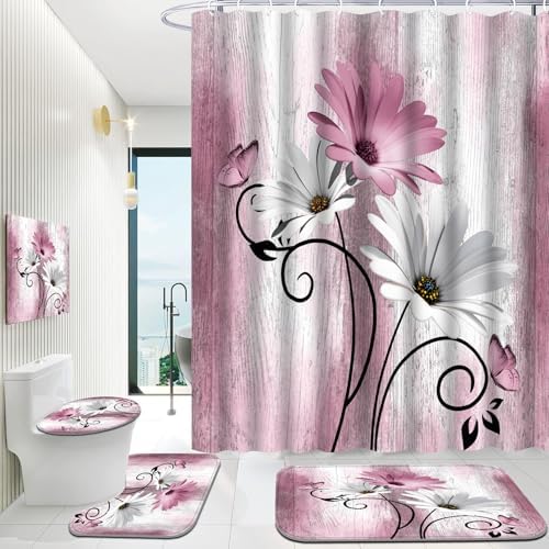 Onalasyc 4PCS Pink Daisy Floral Bathroom Sets with Shower Curtain and Rugs
