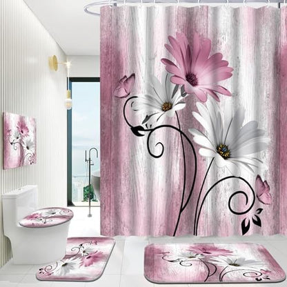 Onalasyc 4PCS Pink Daisy Floral Bathroom Sets with Shower Curtain and Rugs