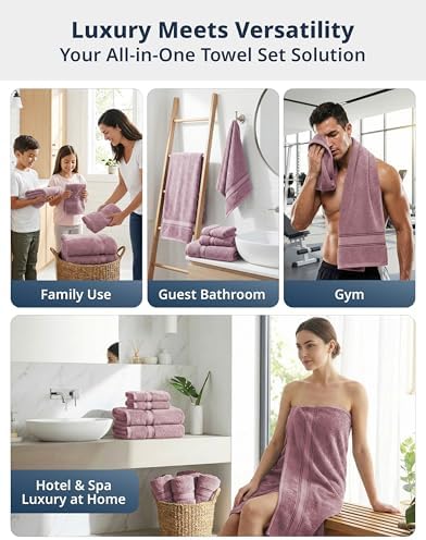 LANE LINEN Bath Towel Set 100% Cotton 12 Piece Soft - Wishful Mauve