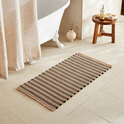 TYUU Waffle Bath Mat, Boho Bathroom Rugs Non Slip, 48x24 Black & Khaki
