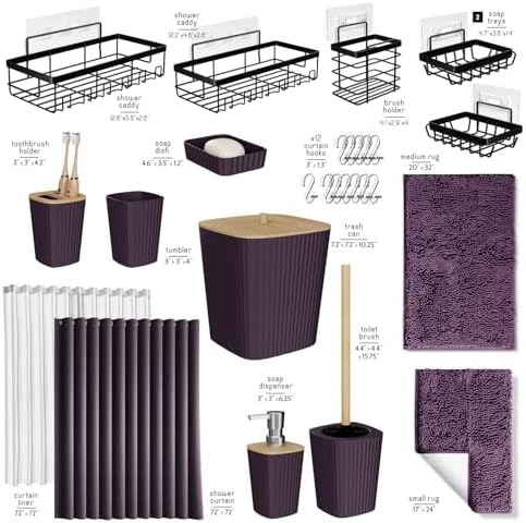 Clara Clark Bathroom Accessories Set - 27PC Bathroom Set with Adhesive Corner Shower Caddy Hanging, Bathroom Sets with Shower Curtain and Rugs, Purple Shower Curtain Set with Bathroom Trash Can