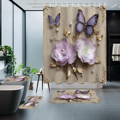 Chrainy 4pcs Vintage Butterfly Shower Cutain Set Bathroom Decor with Rugs