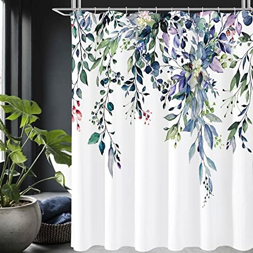 Gibelle Green Eucalyptus Shower Curtain, Watercolor Floral Print, 72x84