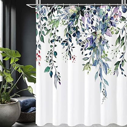 Gibelle Green Eucalyptus Shower Curtain, Watercolor Floral Print, 72x96