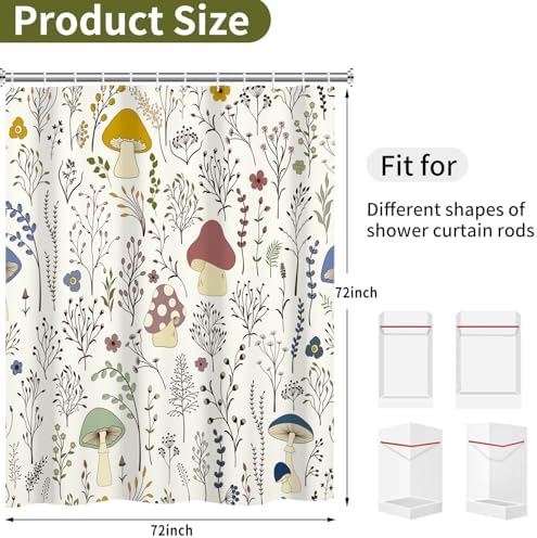 deFouliao Mushroom Shower Curtain, Boho Floral Waterproof Shower Curtain for Bathroom Bathtub Home Curtain Decor with Hooks, Machine Washable, 65''Wx72''L