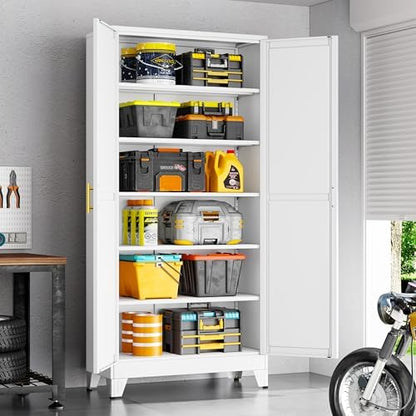 75" White Tall Metal Storage Cabinet with 2 Doors and 5 Adjustable Shelves,Steel Garage Tool Cabinet, File Cabinet,Kitchen Pantry Cabinet for Home,Office,Garage,School,Warehouse