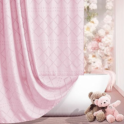 Siiluminisoy Extra Long Pink Boho Shower Curtain Woven Fabric Cute 84 Inch Shower Curtain, 72 x 84 Tufted Chevron Textured Striped Modern Farmhouse Minimalist Cloth Shower Curtain for Bathroom