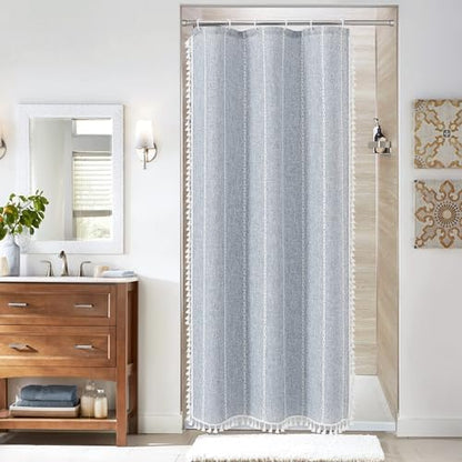 Boho Farmhouse Tassel Linen Shower Curtain,3D Embroidery Stripe Blue,36x72