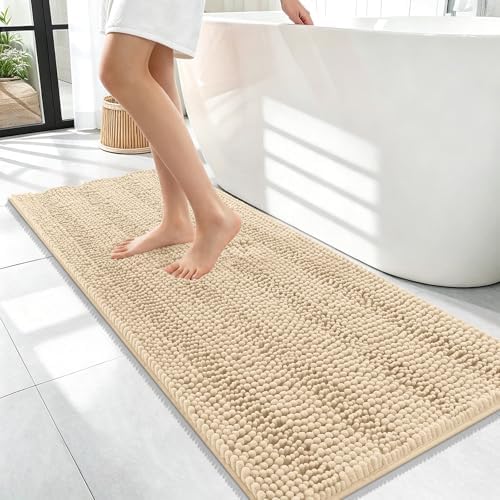 OLANLY Thick Bathroom Runner Rugs 47x17, Soft Chenille Bath Rugs, Beige