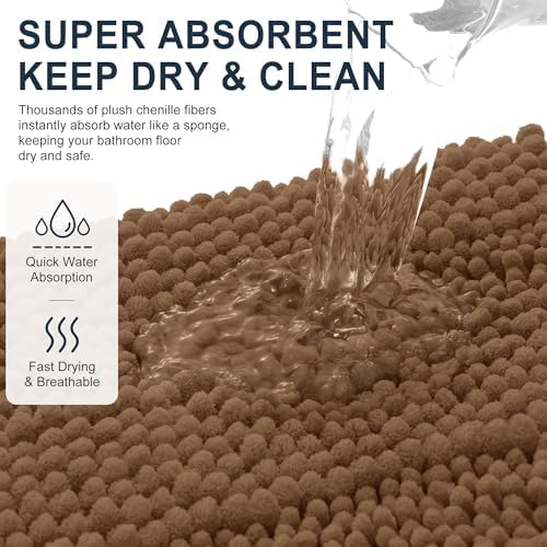 Smiry Thick Small Chenille Bathroom Rugs 24x16, Absorbent Bath Mat, Mocha