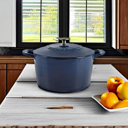 MARTHA STEWART Gatwick 7-Quart Enamel Cast Iron Dutch Oven Pot with Lid – Navy Blue with Gold Knob – Durable Heavy-Duty Dutch Oven for Slow Cooking & Braising