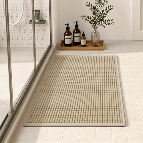 tchdio Bath Mat, Absorbent Bathroom Mat Quick Dry, Thin Bathroom Rugs Fit Under Door, Non Slip Washable Bath Rugs with Solid Rubber Backing, Low Profile Bath Mats for Bathroom, Beige, 20" x 32"