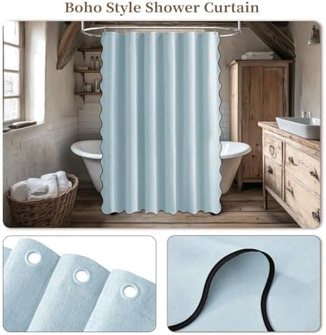 BTTN Fog Blue Boho Scalloped Linen Textured Cloth Shower Curtain Set, 72x72