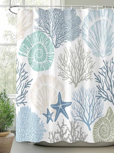 Shower Curtain Bathroom Set Blue Ocean Shells Coral Waterproof Shower Curtains with Grommets Hooks Conch Starfish Marine Life Privacy Bath Curtain for Bathtub Decor 72x78in