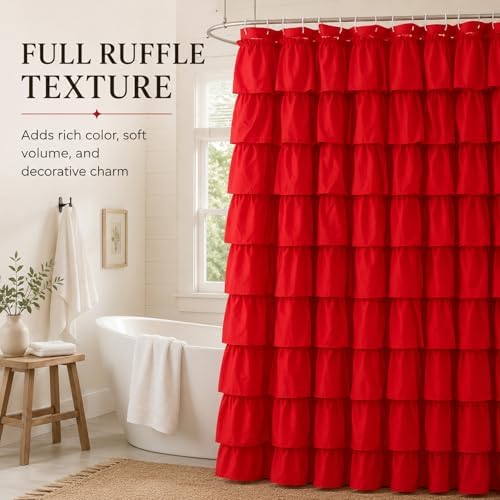 Red Ruffle Shower Curtain for Bathroom, 72x72, Cottagecore Rural Farmhouse