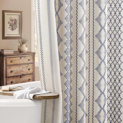 Navy Blue Boho Linen Shower Curtain,72" W x 72" L