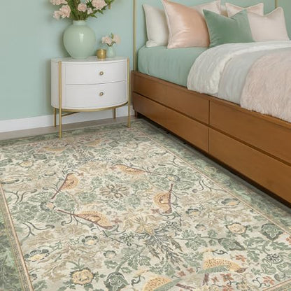 Hazo Haus Washable Sage Green Area Rugs 5x7 for Living Room, Bedroom Bedside, Dining Room, Office, Muted Cream Green Non Slip Stain Resistant Low Pile Botanical Floral Bird French Country Decor