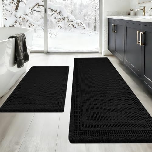 Upgraded Waffle Bath Mat Set 2 Piece Black-Bordered, Super Absorbent Non-Slip Quick Dry Bathroom Rugs with Tassels, Machine Washable Ultra Soft Boho Bath Rugs for Floor, Bath Mats Boho Farmhouse Decor
