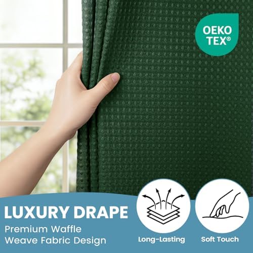No Hook Waffle Shower Curtain with Snap in Liner Set, 71x74, Dark Green