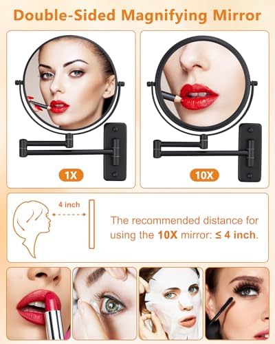 Wall Mounted Makeup Mirror - 1X/10X Magnifying Mirror for Wall, 8 Inch Double Sided 360° Swivel Extendable Bathroom Mirror for Shaving, Black