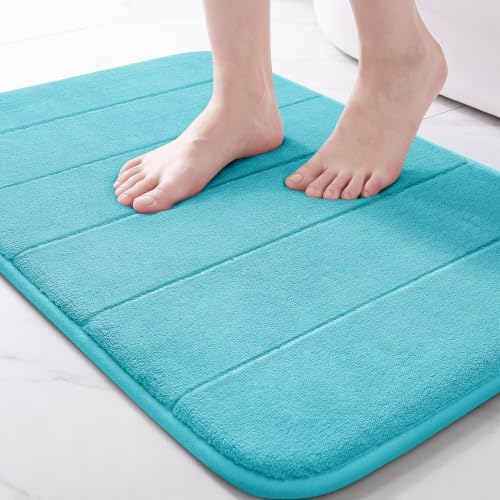 Yimobra Memory Foam Bath Mat, Super Soft Absorbent Bathroom Rug Non Slip, Quick Dry, Machine Washable Floor Carpet for Tub Shower, Home Decor Accessories, 24x17, Lake Blue