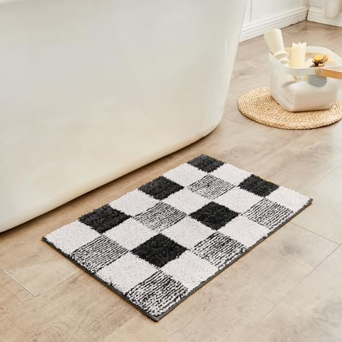 CozeCube Jet Black Checkered Bath Runner 59"x24" Non Slip Washable Rug