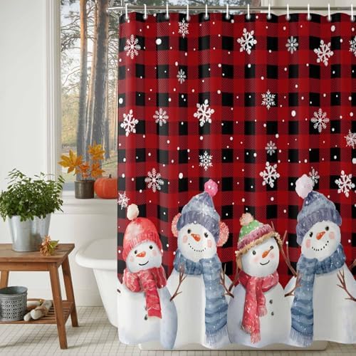 Christmas Snowman Shower Curtain Bathroom Set Red Black Buffalo Plaid Waterproof Shower Curtains with Grommets Hooks Xmas Snowflakes Privacy Bath Curtain for Bathtub Decor 72x72in