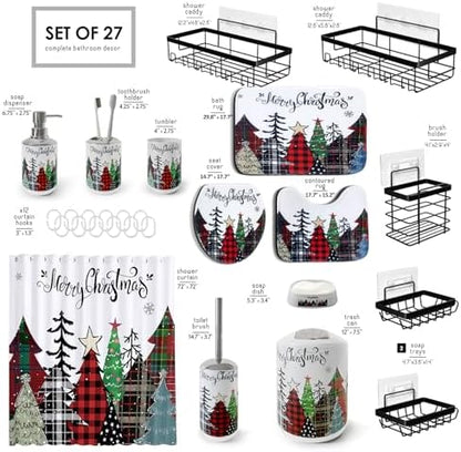 Clara Clark Bathroom Accessories Set - Christmas Shower Curtain Set, 27PC Xmas Bathroom Set with Adhesive Corner Shower Caddy Hanging, Christmas Bathroom Sets with Shower Curtain and Rugs