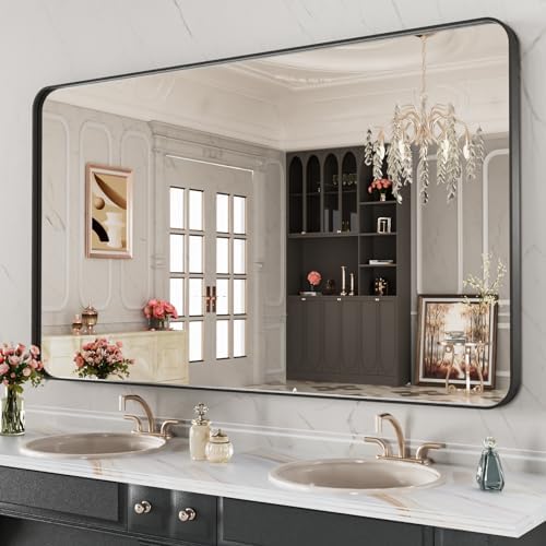 LOAAO 48X28 Inch Black Metal Framed Bathroom Mirror for Wall