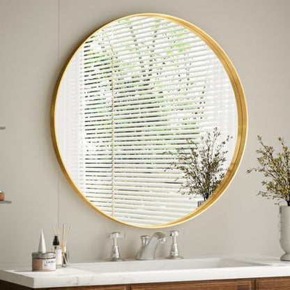 VooBang Round Bathroom Mirror 36 inch, Gold Gorgeous Deep Frame Round Wall Mirror, Modern Bathroom Vanity Mirror for Bedroom, Living Room, Hanging or Leaning, Gold