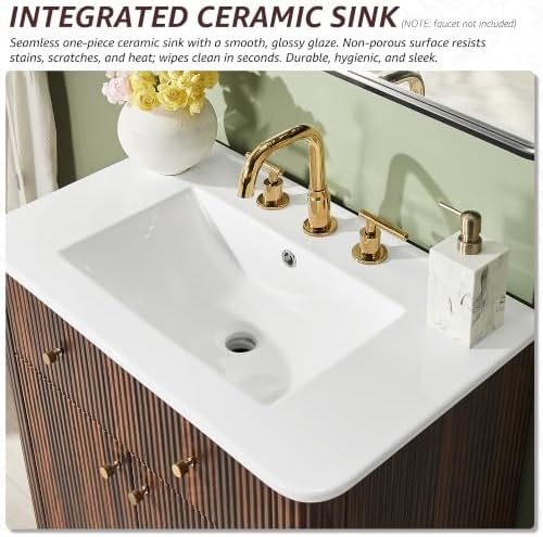 T4TREAM 36" Fluted Bathroom Vanity with Single Sink, Dark Walnut