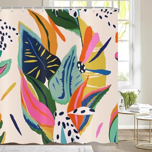 deFouliao Boho Shower Curtain, Colorful Floral Waterproof Shower Curtain for Bathroom with Modern Abstract Art Jungle Plant Leaf Bathroom Bathtub Home Curtain Decor, Washable with Hooks, 48Wx72L