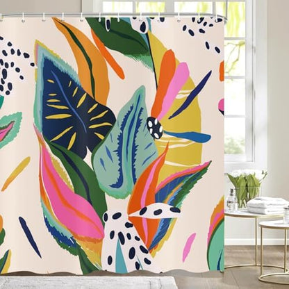 deFouliao Boho Shower Curtain, Colorful Floral Waterproof Shower Curtain for Bathroom with Modern Abstract Art Jungle Plant Leaf Bathroom Bathtub Home Curtain Decor, Washable with Hooks, 48Wx72L