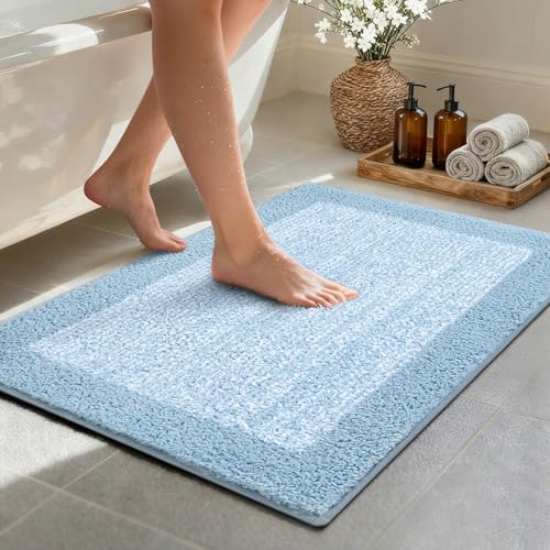 Bathroom Rugs 30x20 Non Slip Washable, Soft Absorbent Bath Mat Light Blue