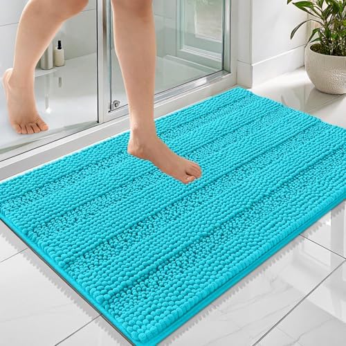 OLANLY Thick Bathroom Rugs 36x24, Soft Chenille Striped Bath Rugs, Aqua Sky