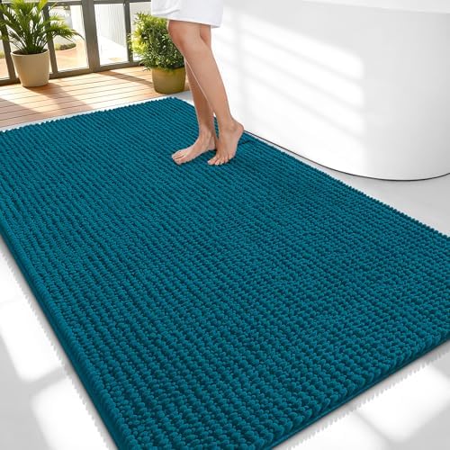 OLANLY Thick Chenille Large Bathroom Rugs Mats 59x35, Peacock Blue