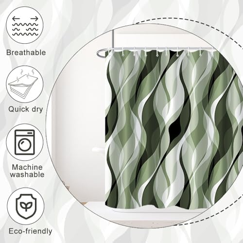 Sage Green Striped Shower Curtain with Hooks for Bathroom 72x78 Inch