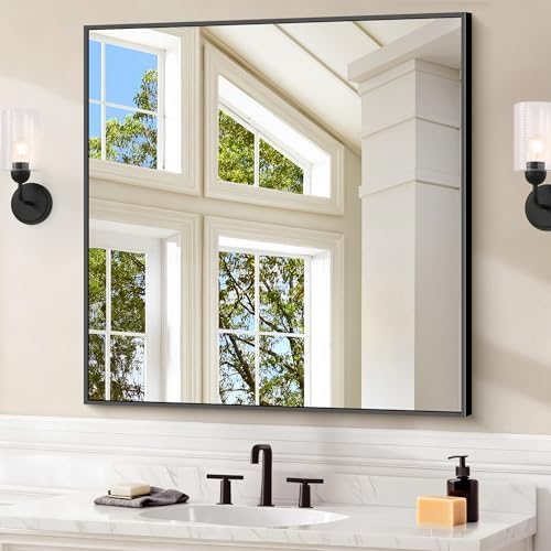 COFENY Black Bathroom Mirror for Wall, 30x30 Inch Rectangle Mirrors with Metal Frame, Modern Vanity Wall Square Mirror for Bathroom Living Room, Entryway Hangs Horizontal or Vertical