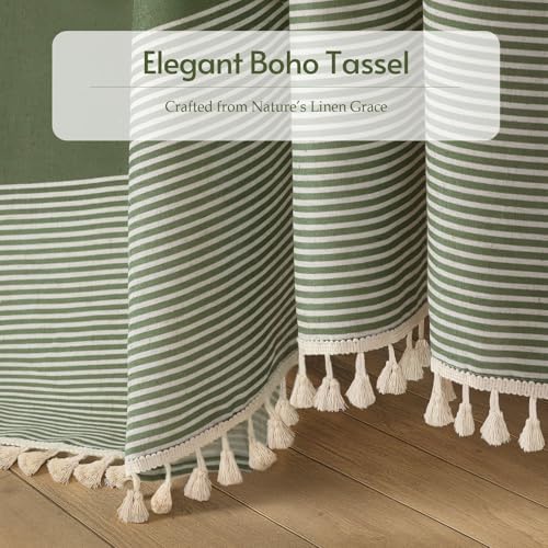 Sage Green Boho Linen Striped Shower Curtain with Tassel 72"W X 90"L