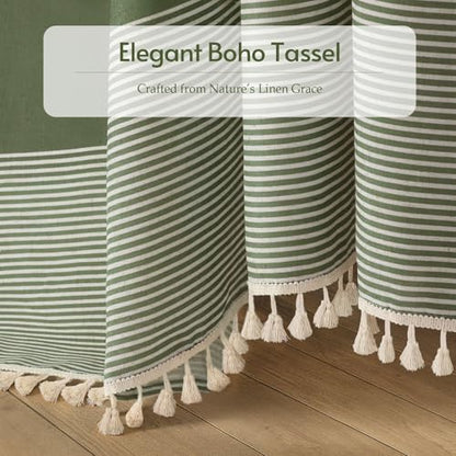 Sage Green Boho Linen Striped Shower Curtain with Tassel 72"W X 75"L