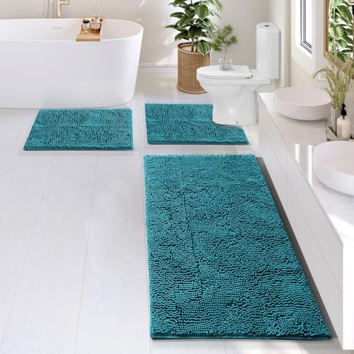Hearth & Harbor Bathroom Rugs, Chenille Bath Mat - Machine Washable Bath Mats for Bathroom Non-Slip Backing Rubber, Quick Dry Mat - Teal Blue Bath Rug, 17x24-26x44-20x24