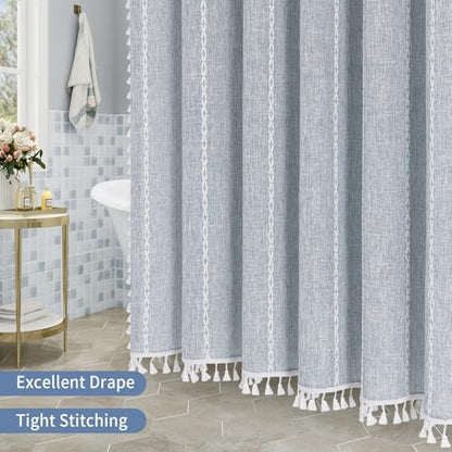 Boho Farmhouse Tassel Linen Shower Curtain,3D Embroidery Stripe Blue,72x96